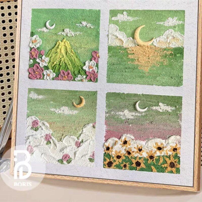 月下玫瑰四宫格肌理画石英砂丙烯数字油画diy手工填充手绘装饰画