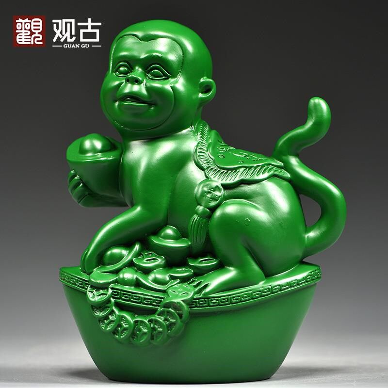 绿色木雕猴子摆件三合十二生肖猴木头猴家居办公室动物工艺品送礼