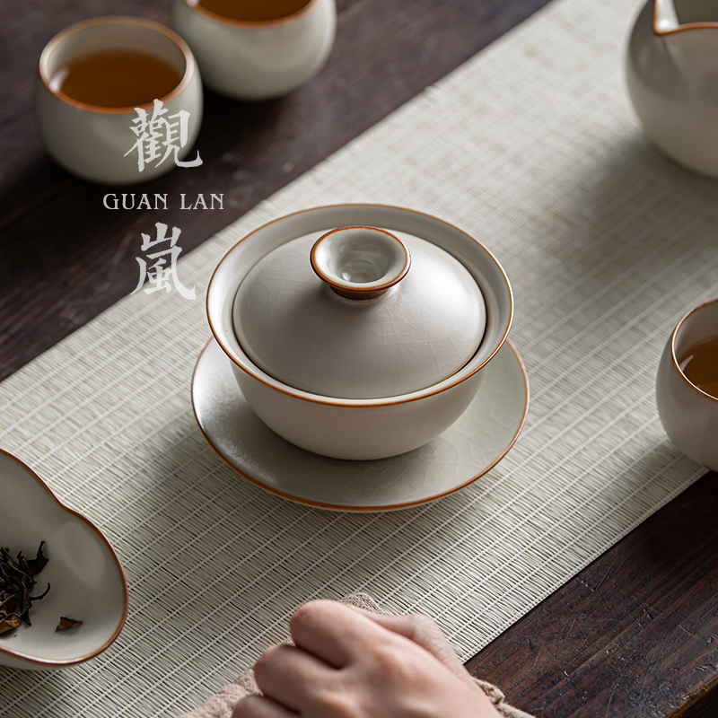 观岚汝窑盖碗单个可养开片冰裂陶瓷家用功夫茶具汝瓷泡茶三才茶杯