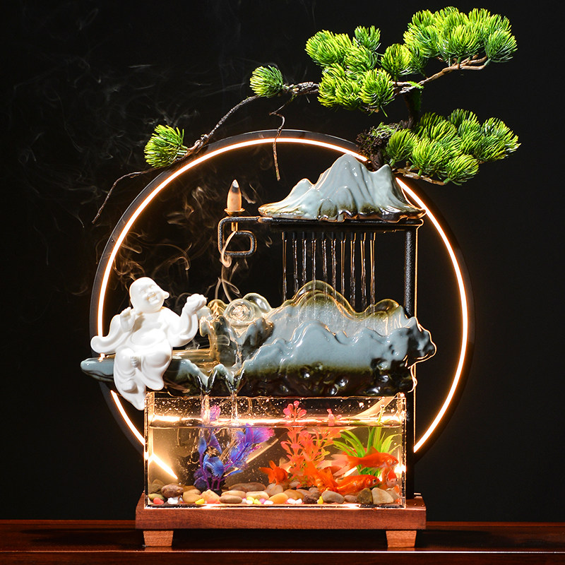 创意循环流水小型鱼缸招财摆件中式家居客厅装饰景观乔迁开业礼品