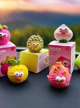 卡通木雕风二代水果摆件树脂创意潮流室内车载中控台桌面装饰