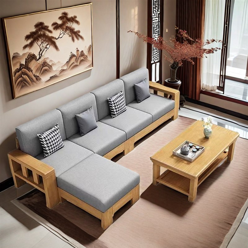 新款2024纯实木现代简约中式客厅小户型单人组合布艺三人直排沙发