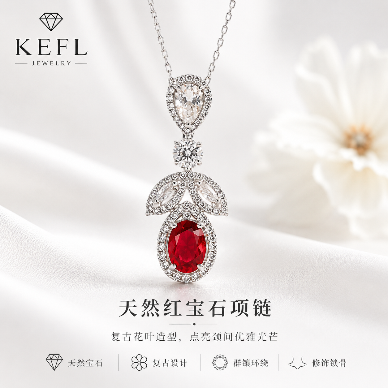 KEFL天然红宝石项链女1克拉复古花叶设计银镶显白气质送女友礼物