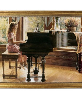 装饰横版弹钢琴油画装饰画琴房女孩玄关横幅挂画 油画房女孩定做