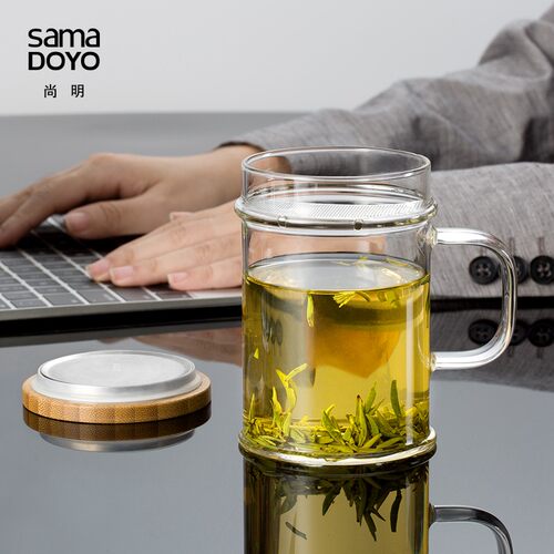 尚明月牙杯玻璃泡茶杯过滤带把绿茶杯子带盖水杯办公室茶杯玻璃杯