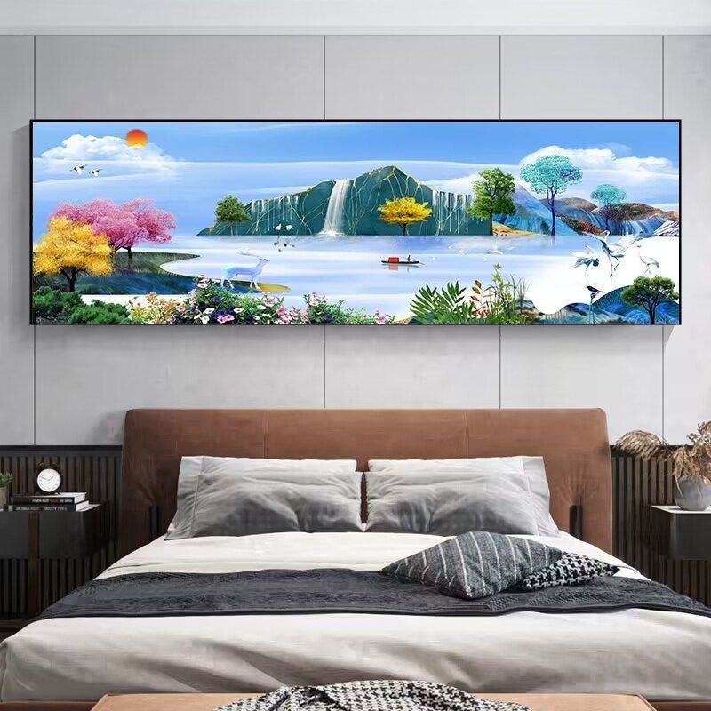 山水客厅沙发背景墙装饰画卧室风景挂画酒店民宿流水生财晶瓷壁画