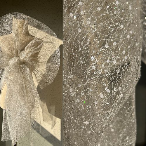 3D立体六角亮片烫金微硬细网纱设计面料婚庆布置婚纱礼服网眼布料