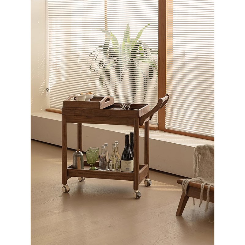 北美黑胡桃木边几小推车客厅沙发可移动带轮茶几全实木角几边柜
