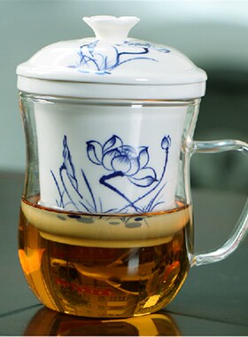 耐高温玻璃杯办公室茶杯水杯花茶杯套装杯子带盖男女士加厚带过滤