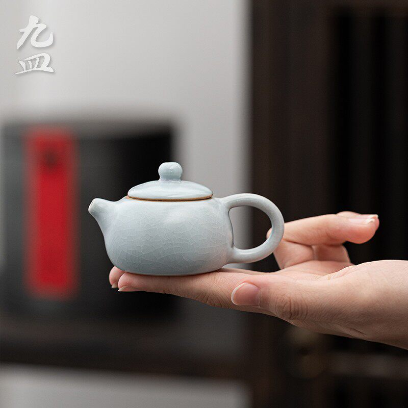 九皿袖珍茶壶茶宠汝窑迷你小摆件开片可养指尖壶茶盘茶玩陶瓷小壶