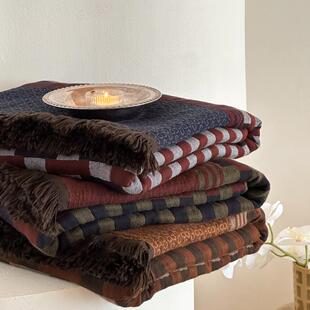 复古风秋冬保暖午睡沙发毯子流苏女生多功能色织全棉纱布盖毯纯棉