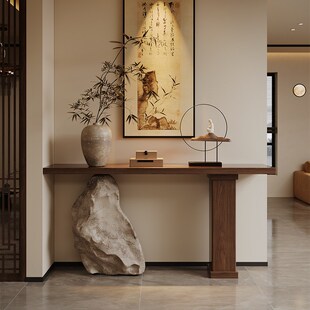 侘寂中古风实木玄关桌家用靠墙玄关台入户条案装饰桌仿真石端景台