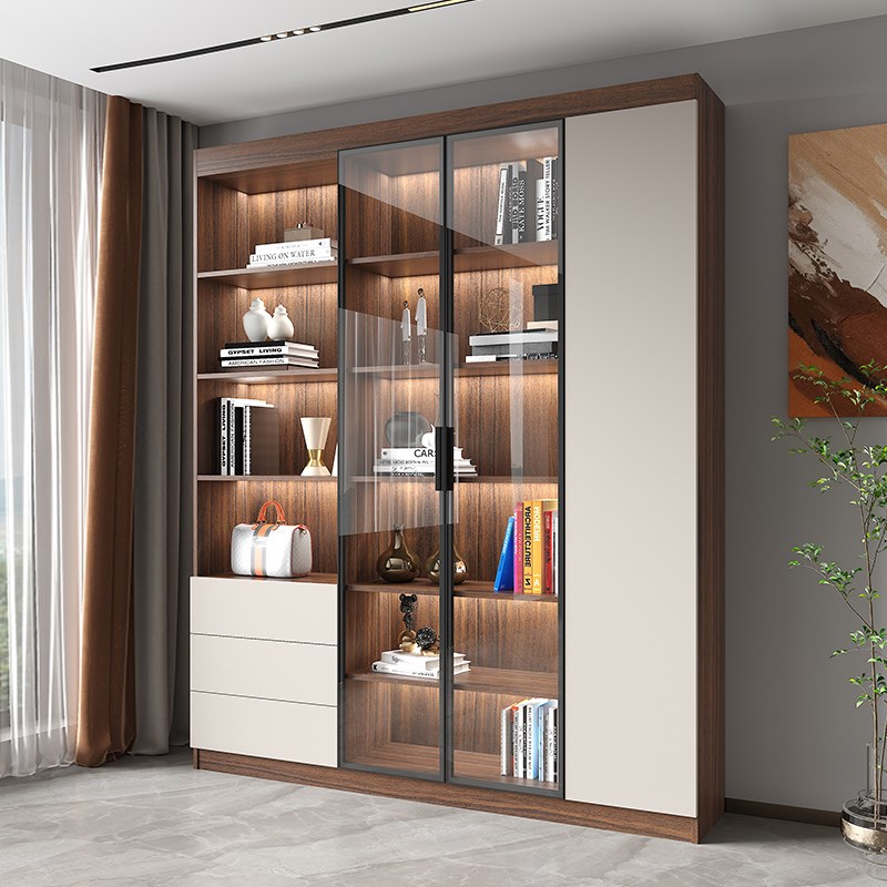 现代简约实木书柜书架客厅玻璃门展示柜书房落地靠墙书橱储物柜子