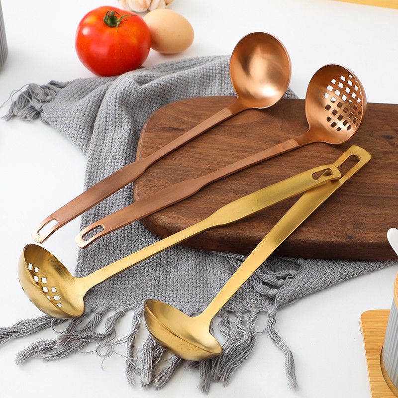 韩式不锈钢火锅勺木柄勺子金色汤勺漏勺粥勺饭店长柄商用大号小号