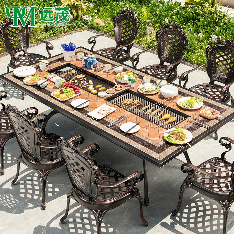 远茂休闲烧烤桌椅庭院家用室外别墅花园铸铝多功能烧烤桌椅组合