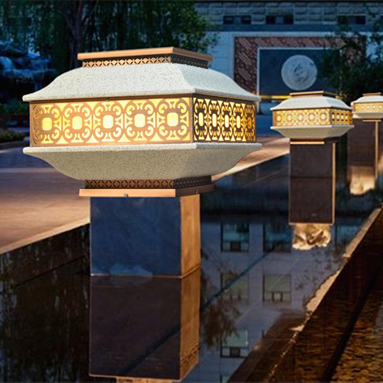 太阳能柱头灯新中式矮柱灯不锈钢户外防水围墙灯别墅云石草坪灯