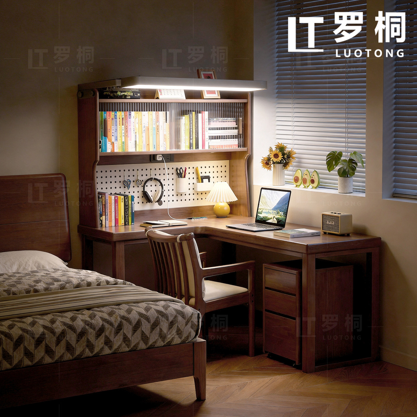 罗桐实木书桌书架一体式转角桌子小户型家用办公桌书房儿童办公桌