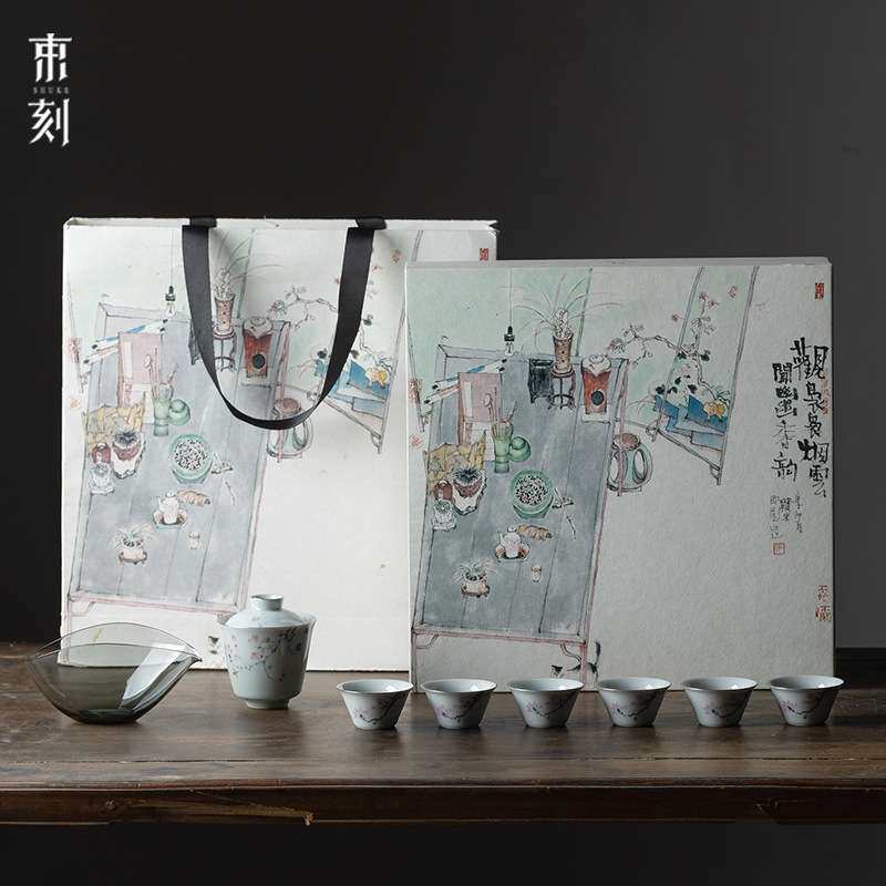 束刻手绘兰花家用客厅茶具套装轻奢高档陶瓷盖碗茶杯小套组泡茶碗