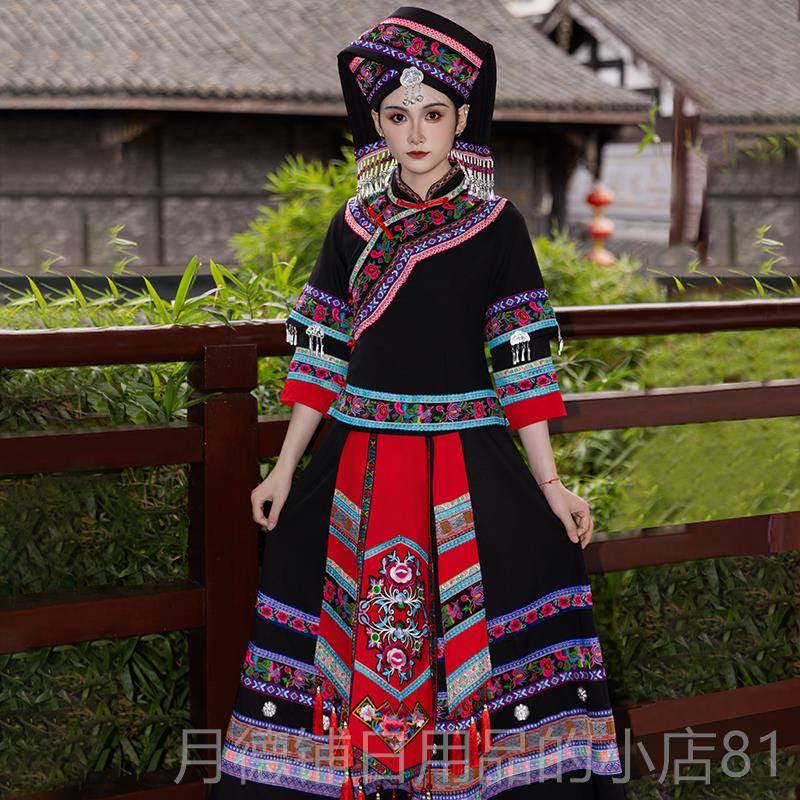 正品壮族服装成人女民族表绣演饰新款少数民族锦刺壮长服裙舞台演图片