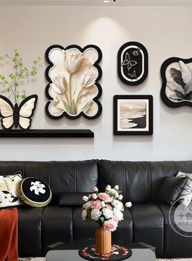 法式复古客厅装饰画中古风沙发背景墙挂画蝴蝶郁金香高级组合壁画