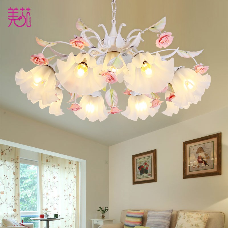 田园风格吊灯创意铁艺花草花朵客厅灯餐厅灯韩式粉色玫瑰花吊灯具