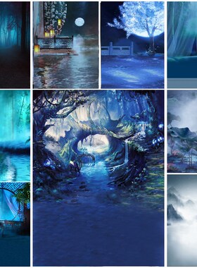 影楼古装拍照背景古风摄影主题背景布 儿童背景 梦幻蓝色荷花森林