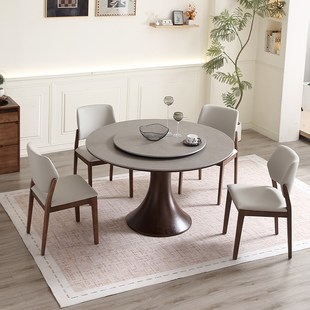 岩板餐桌圆桌实木家用小户型餐厅圆形饭桌带转盘白蜡木餐桌椅组合