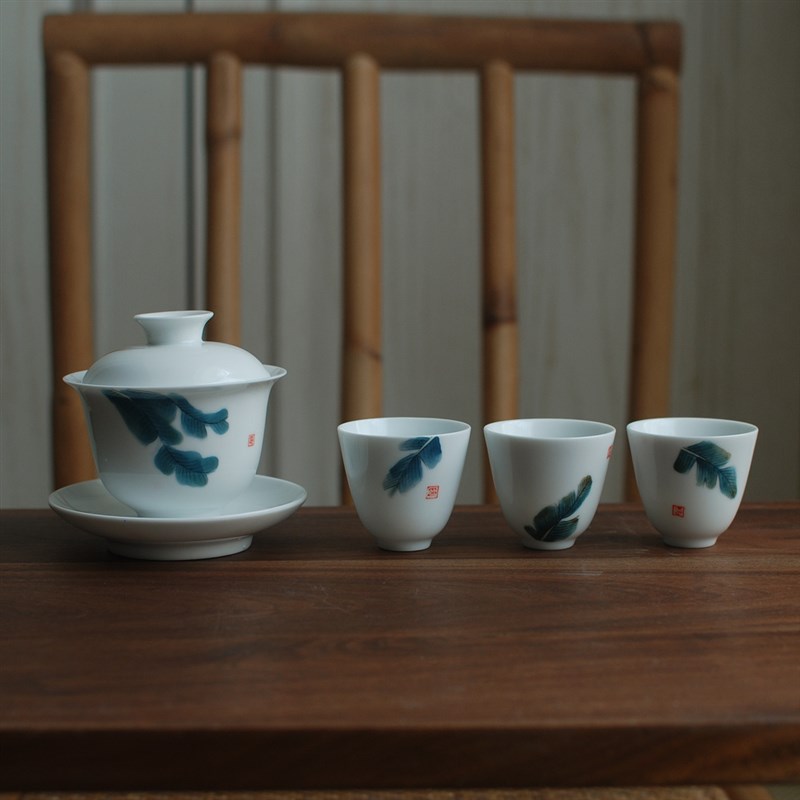 手绘芭蕉工夫茶具盖碗陶瓷茶杯手工白瓷品茗杯主人杯泡茶器套装