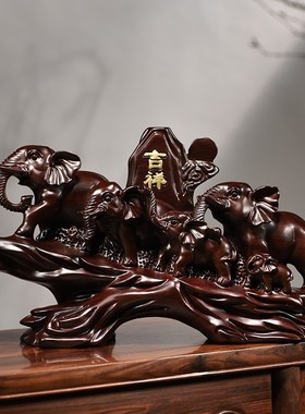 黑檀木雕大象摆件实木雕刻吉祥五象动物家居客厅装饰品红木工艺品