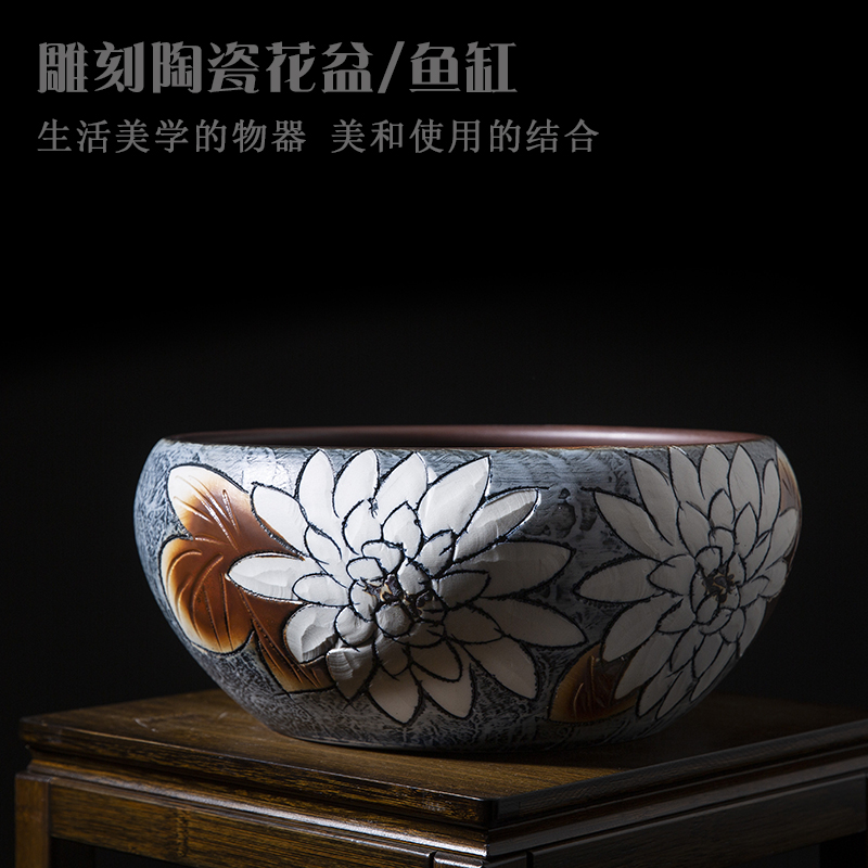 手工雕刻花盆荷花缸碗莲睡莲水培花盆大号养金鱼乌龟缸园艺多肉盆