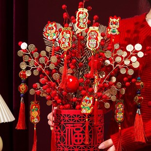龙年2024新年装 旦树摆件过年场景挂件春节客厅氛围布置 饰品福桶元