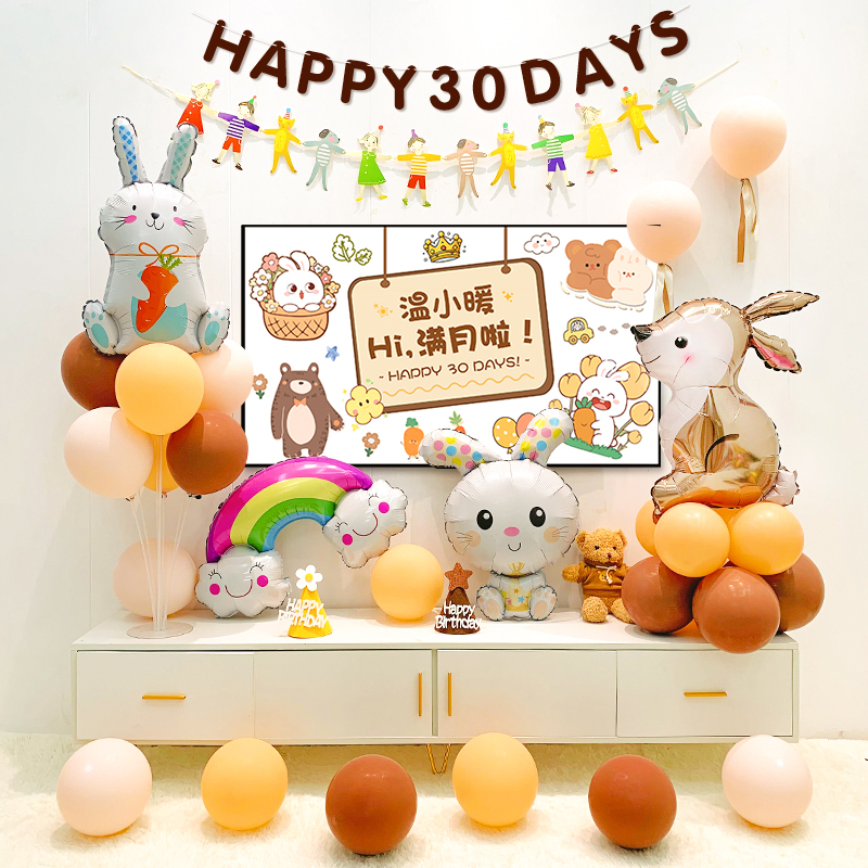 兔宝宝满月宴背景气球男女孩30天仪式感拍照电视投屏装饰场景布置