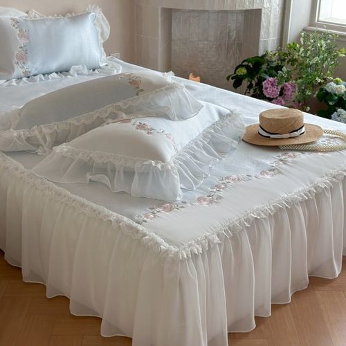 法式小清新加厚植物花卉刺绣公主风蕾丝床裙款冰丝席三件套软席子