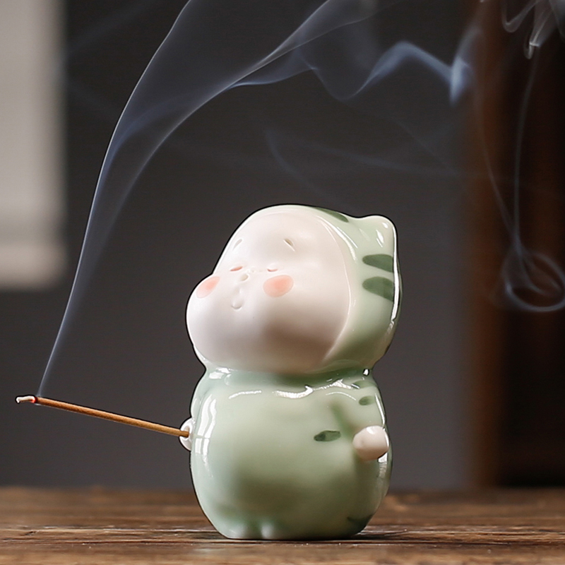 创意可爱小胖虎丑萌茶宠摆件陶瓷线香插香薰炉香托客厅桌面装饰品