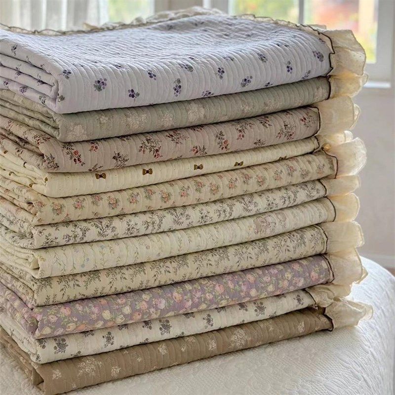 法式全棉提花花边高温酵素砂洗整张棉填充,蝴蝶结绗缝床盖三件套