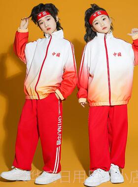 高档红色喜庆中风外国套幼儿园表服演儿童啦啦队演出服小学运生动