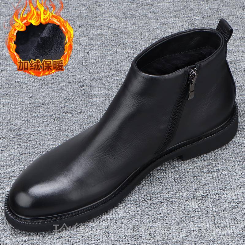高档头层牛皮鞋冬季225新款潮流尔真0皮高筒男棉皮鞋男加绒切西靴