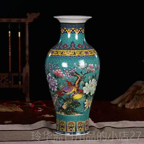 高档景德镇插花摆珐瑯彩m花瓶彷陶瓷装饰博古架瓷器摆件古件高36c