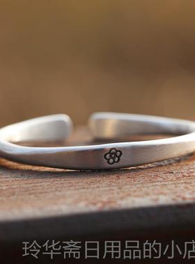 高档999纯银工原创设计心磨手古法覆实古梅砂花手镯送女友闺蜜