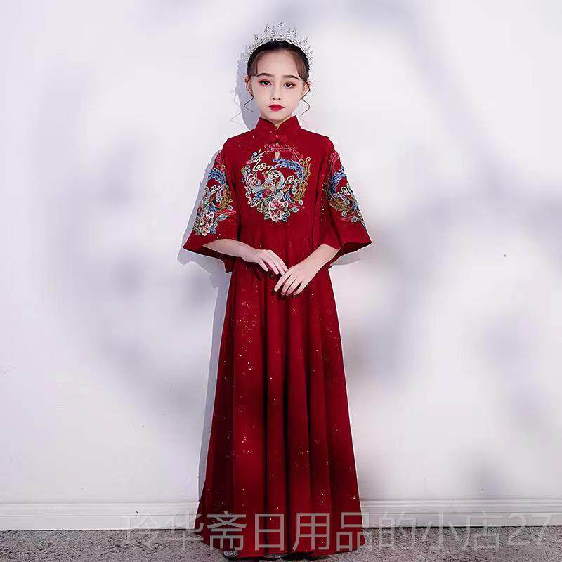 高档女服风装汉代古装改良中国覆古酒红孩色婚礼花女孩服装中国风