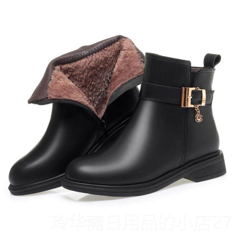 高档真皮妈妈棉加鞋女冬绒棉靴子码中女士短靴年防滑羊毛皮鞋大女