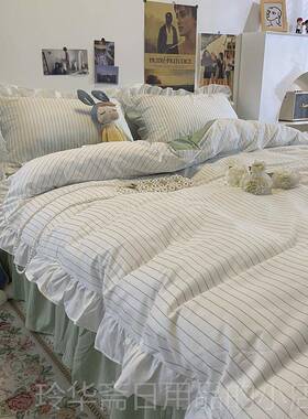 高档简风格子灰色四三件套1.8m韩床裙花边版款学生宿舍床上约用品