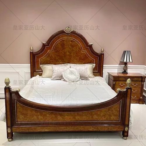 亚历山大英式实木雕花主卧双人床法式拼花镶铜件双人床婚床