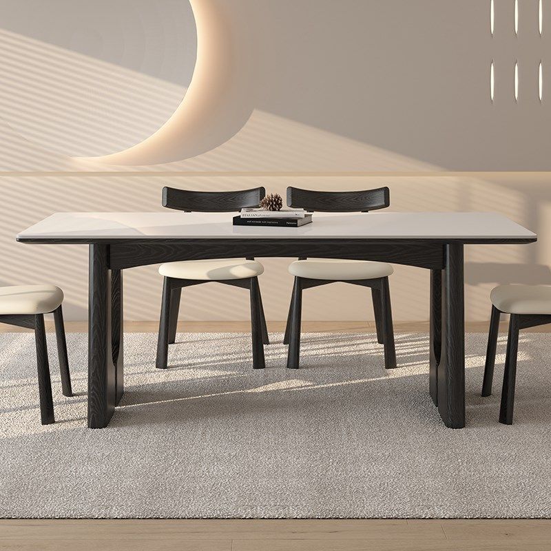 德利丰实木岩板餐桌椅组合家用小户型侘寂中古风长方形黑色饭桌子