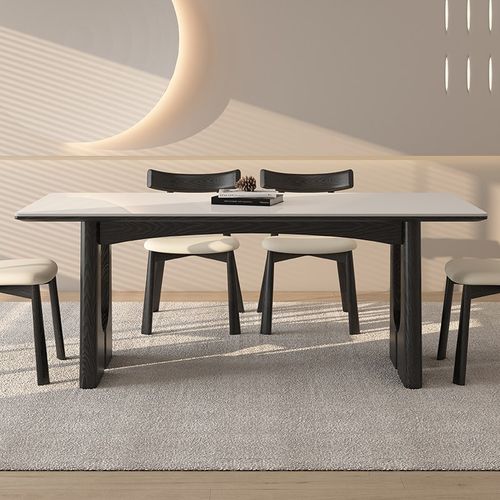 德利丰实木岩板餐桌椅组合家用小户型侘寂中古风长方形黑色饭桌子