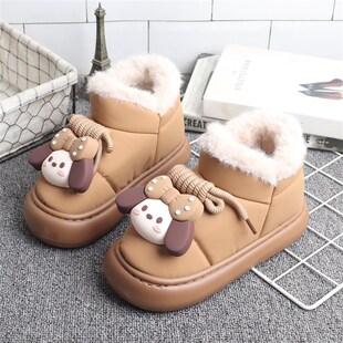 冬季皮面保暖儿童棉鞋加厚防水外穿女童时尚卡通高帮全包跟棉拖鞋