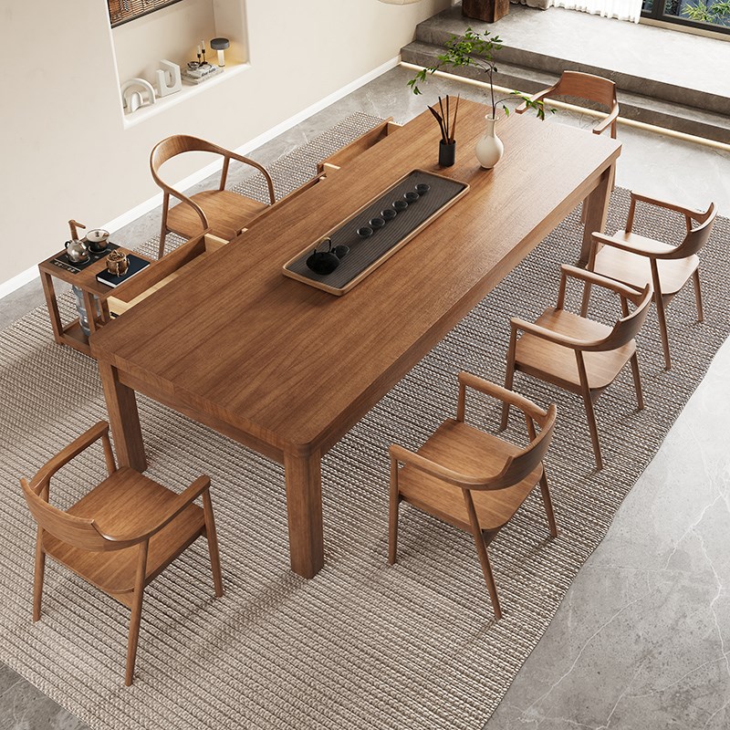 侘寂风实木大板泡茶桌带抽屉茶桌椅组合现代简约家用茶台客厅书桌