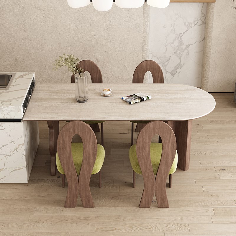 法式中古风餐桌简约小户型家用洞石岩板半椭圆岛台实木餐桌椅