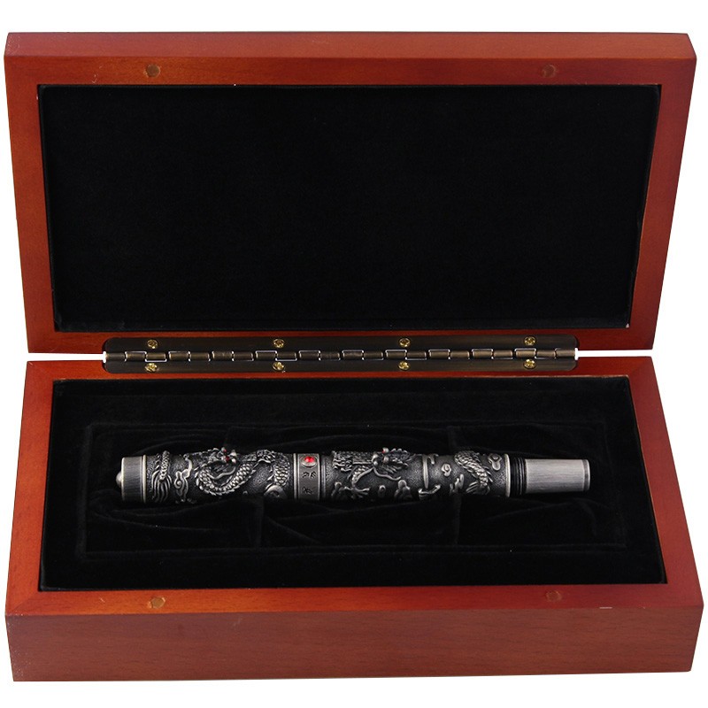 复古银龙戏珠全金属龙雕美工签字商务钢笔木质龙雕礼盒定制刻字