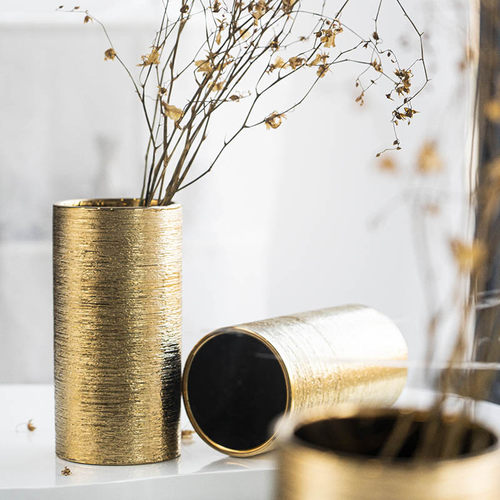 手工拉丝电镀陶瓷花瓶摆件客厅水养插花花器样板间桌面花艺装饰品